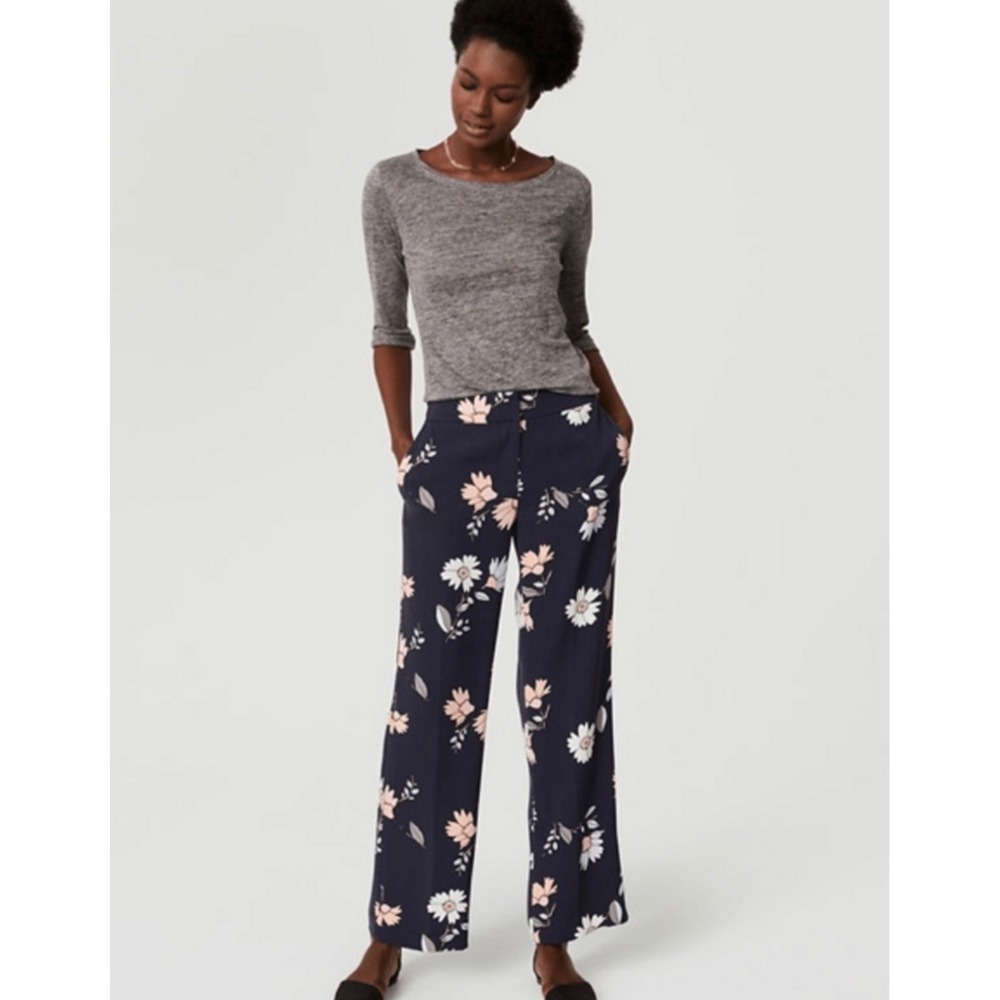 Loft Full Bloom Trouser Navy Blue Floral‎ Wide Leg Dress Pants Womens 6